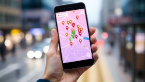 Smartphone showing a map with location pins.