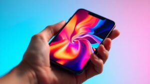 Hand holding smartphone with digital pattern on screen.