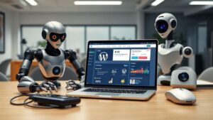 AI robots working with WordPress on a laptop