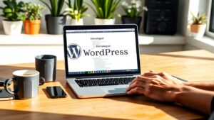 Developer working with WordPress on a laptop at workspace