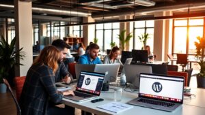 Developers collaborating in a modern workspace with laptops