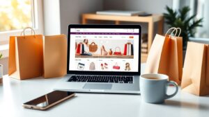 Laptop with online store, shopping bags, and smartphone