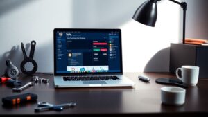 Modern workspace with laptop, tools, and coffee cup