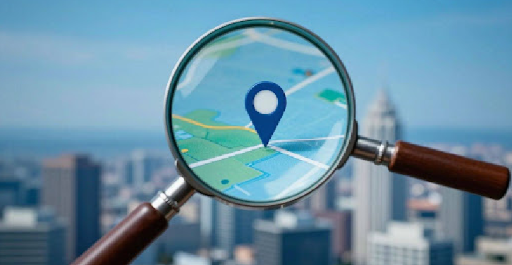 Magnifying glass over map with location pin.
