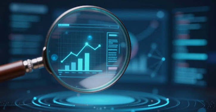 Magnifying glass over digital interface for SEO audit.