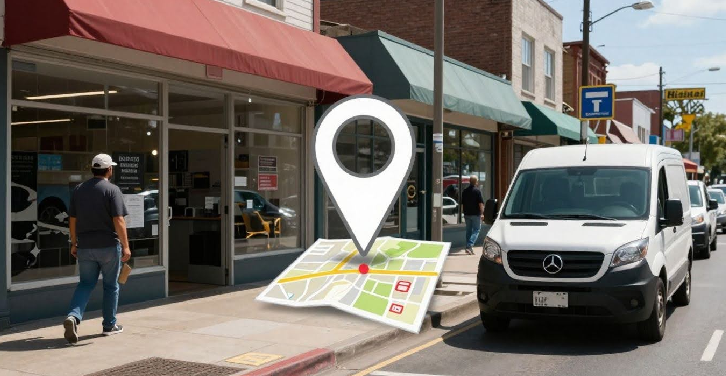 Local street scene with map pin icon.