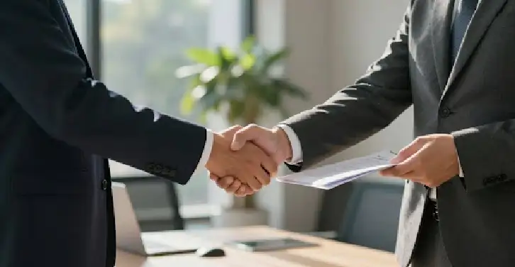 Business partners shaking hands, discussing growth strategy.