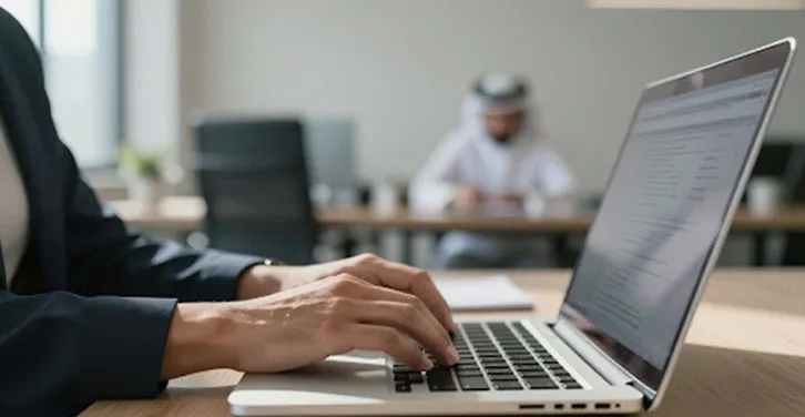 Hands typing on a laptop in an office.