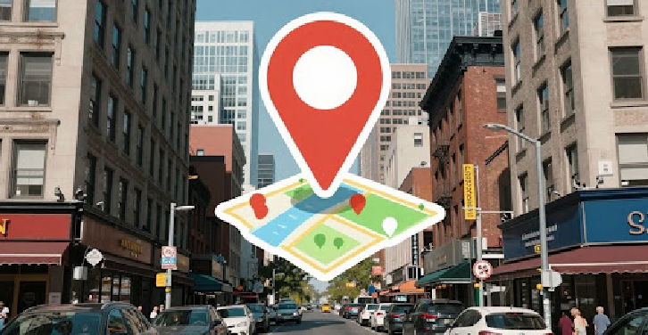 Google Maps pin over city businesses