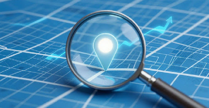 Magnifying glass over city map, highlighting local business growth.
