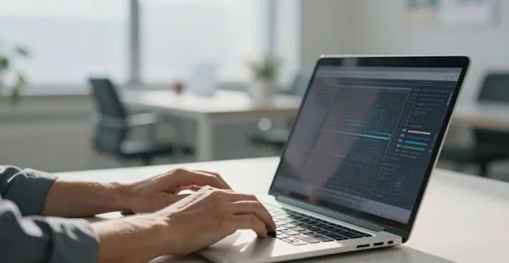 Hands on laptop with digital patterns.